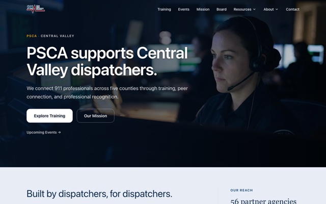 PSCA 911 homepage showing a dispatcher at her console beside the headline ‘PSCA supports Central Valley dispatchers.’